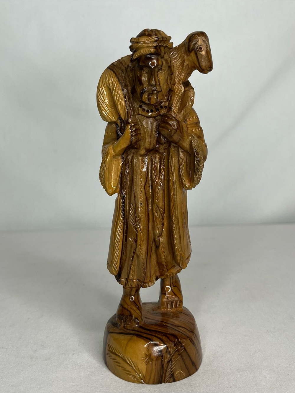 Hand Carved Olive Wood Shepherd w/ Sheep Nativity Figure 6 1/2" From Bethlehem